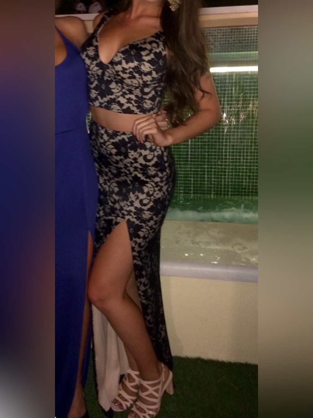 Lace Overlay High-Slit Maxi Dress - Black/Nude